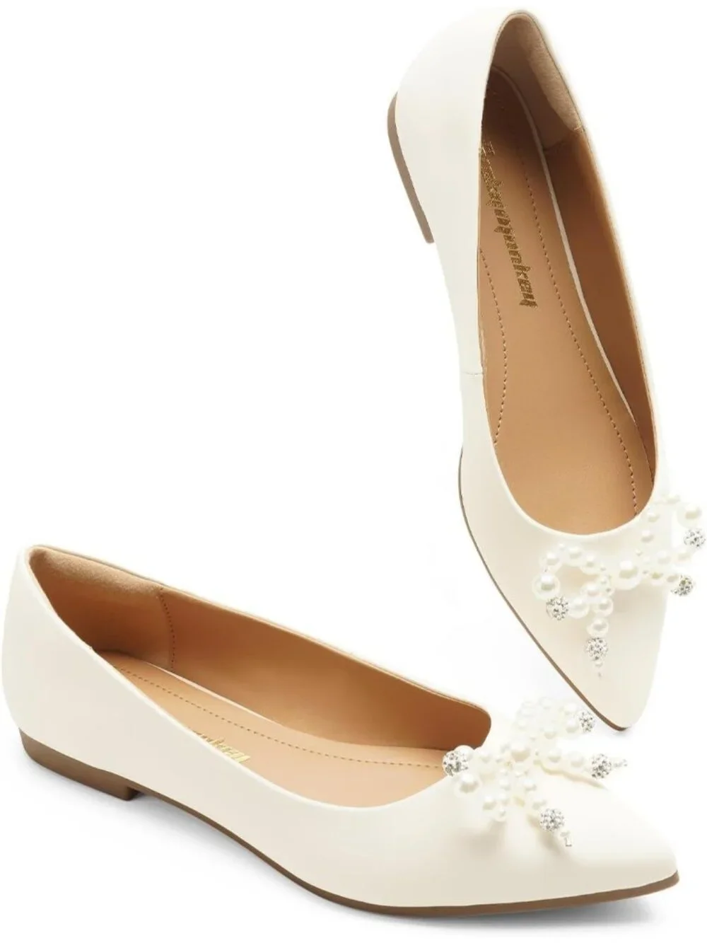 FUNKYMONKEY Women's Pearl White Faux Leather Pointed Toe Slip On Ballet Flats